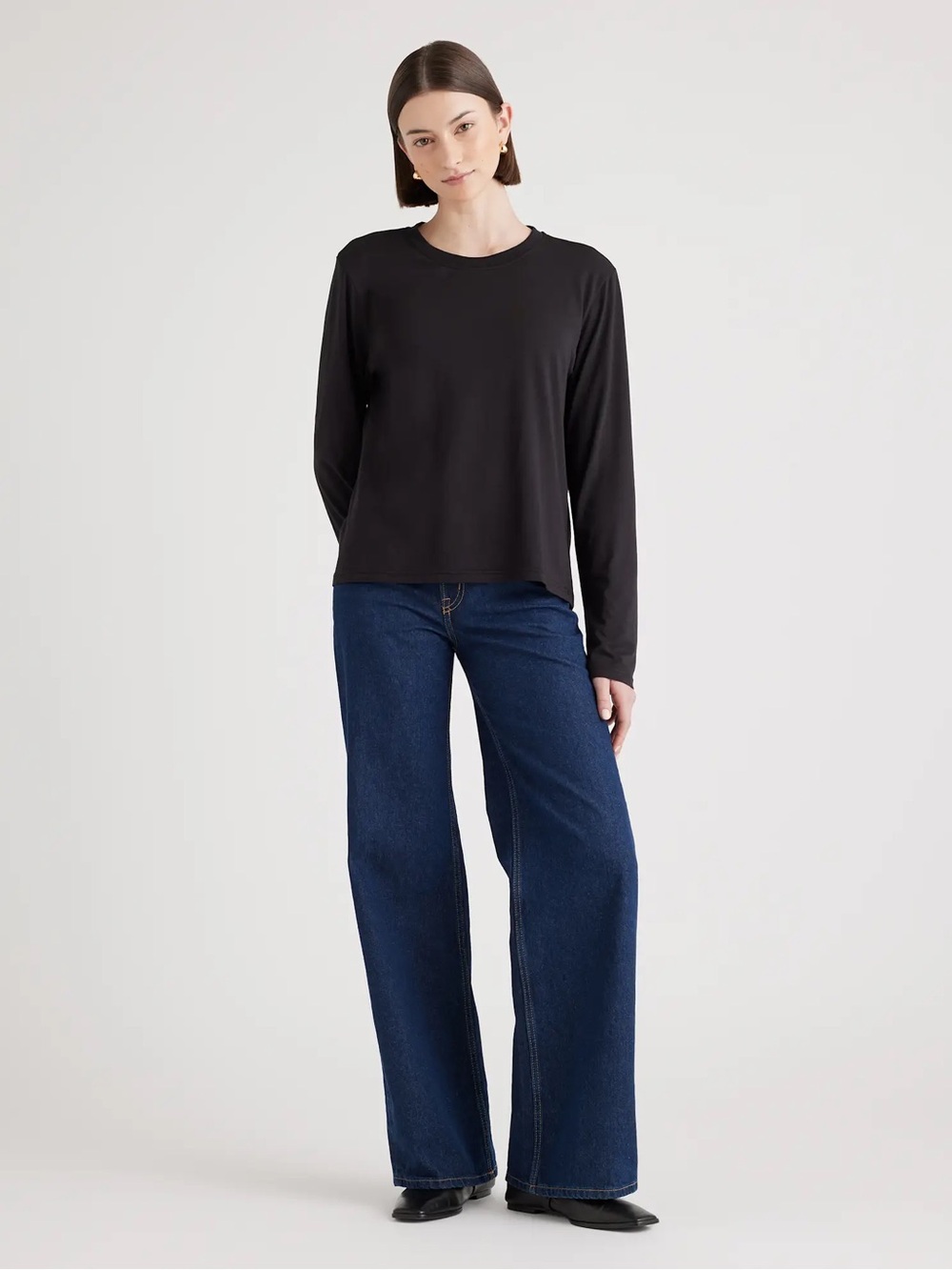 QUINCE Women’s Cotton Modal Relaxed Long Sleeve Black Super Soft Tee Sz S